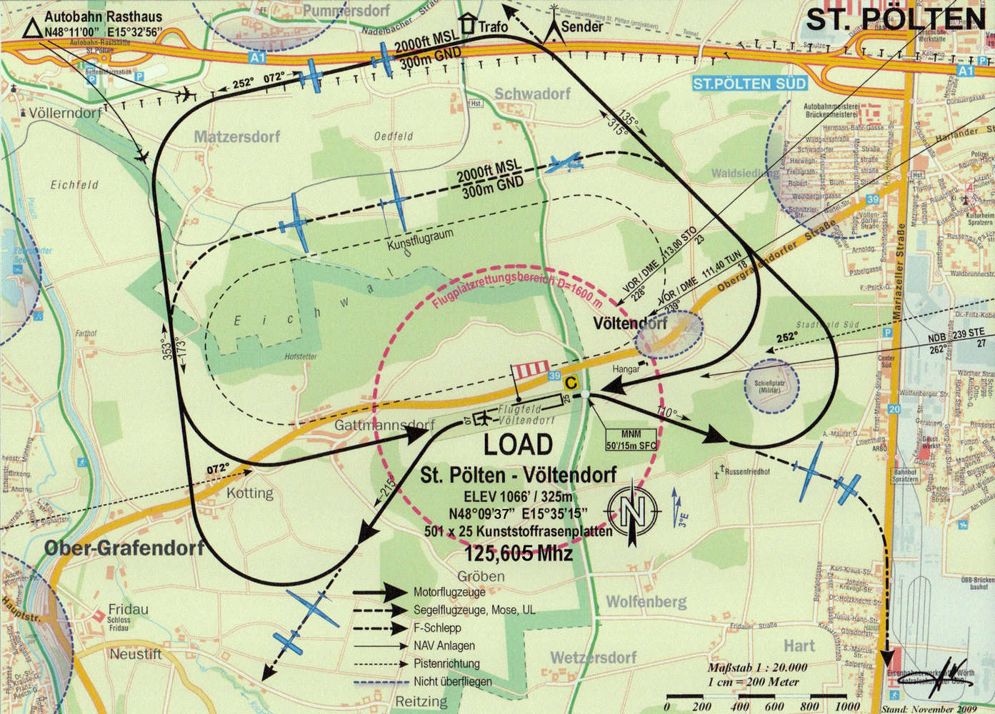 Anflugkarte des Flugplatzes Völtendorf LOAD mit Platzrunden und Frequenz 125,605