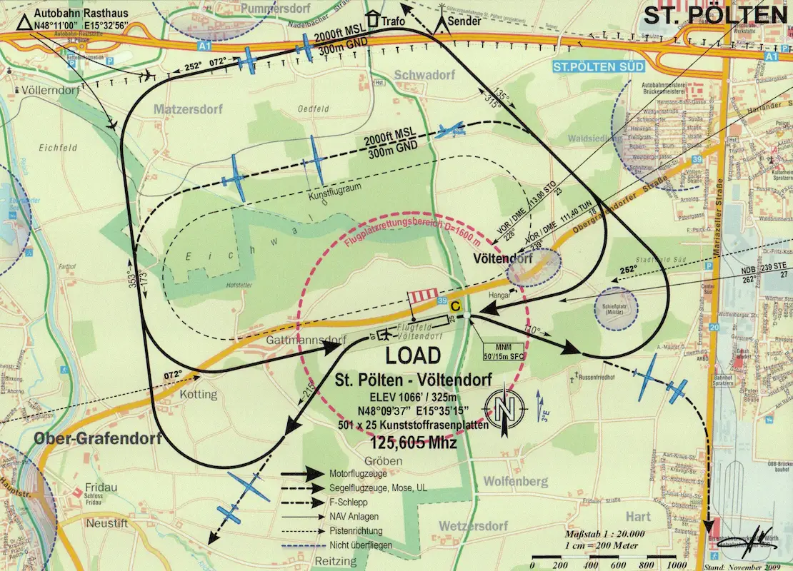 Anflugkarte des Flugplatzes Völtendorf LOAD mit Platzrunden und Frequenz 125,605